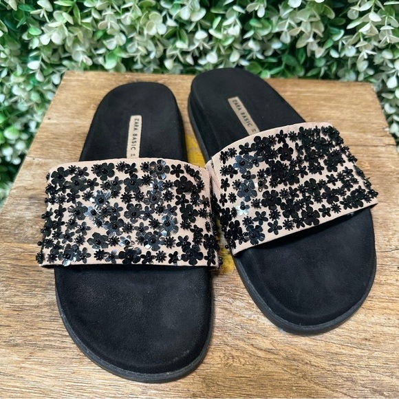 ZARA Basic black and tan slides sequin flower top comfort foot bed in VGUC - Picture 1 of 10